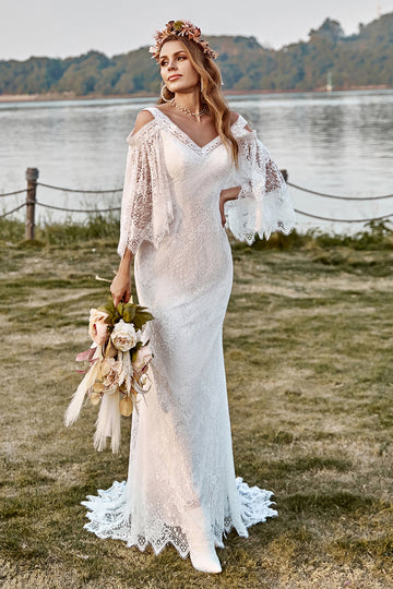 Encaje Marfil Sirena Mangas Chal Boho Vestido de Novia